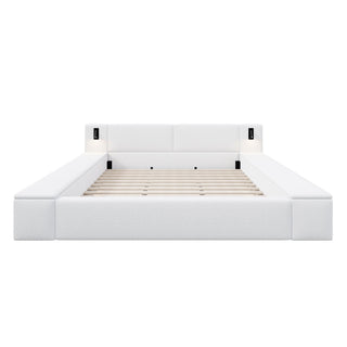 Upholstered Platform Bed Frame With Hidden Storage, Built-In Nightstands & LED Reading Lights