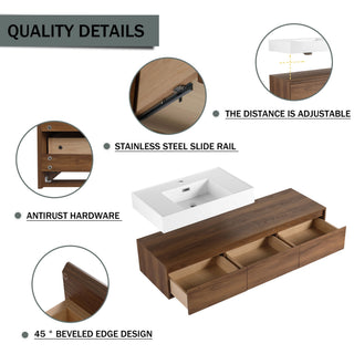 Modern Wall Mounted Bathroom Vanity With Resin Sink And Soft Close Drawer - Brown Ebony