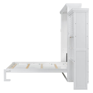 Queen Size Murphy Bed With Louvered Design And Multiple Storage Shelves - White