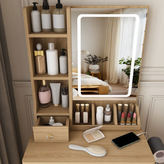 Small Vanity Desk With 3 LED Lighting Modes, 3 Drawers, Hair Dryer Holder, Power Socket, And Dressing Chair - Natural Walnut