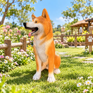 Shiba Inu Dog Statue, Sitting Animal Sculpture For Home Garden - Yellow / White