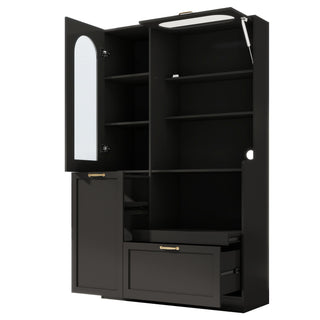 Tall Freestanding Kitchen Pantry Cabinet With Arched Glass Door