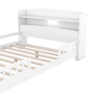 Wood Platform Bed With Built In LED Light, Storage Headboard And Guardrail