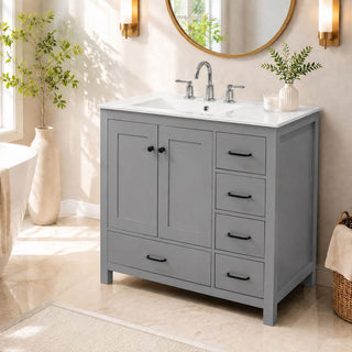 Bathroom Vanity With Sink Combo, 2 Soft Close Doors And 5 Drawers