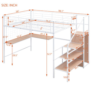Loft Bed With Desk And Grid, Stylish Frame With Lateral Storage Ladder And Wardrobe