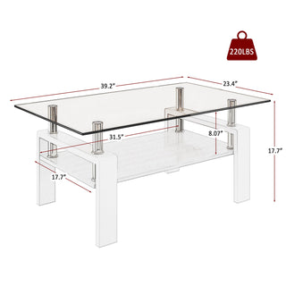 Modern Rectangular Coffee Table With Tempered Transparent Glass Top And Storage Shelf