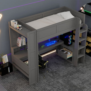 Gaming Loft Bed With Desk, Multi Storage Shelves, LED And Charging Station