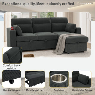 Convertible L - Shaped Sectional Sofa Bed With Storage Chaise, Cup Holders