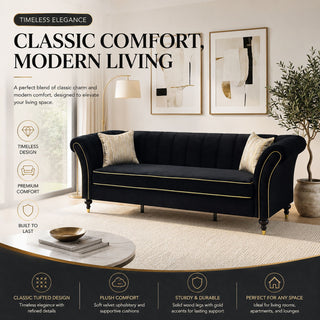 3 Seater Sofa With Rolled Arms, Vertical Channel Tufted Backrest