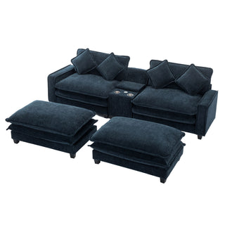 Sectional Sofa Upholstered Sofa With Two Removable Ottoman, Two USB Ports, Two Cup Holders And Large Storage Box For Living Room