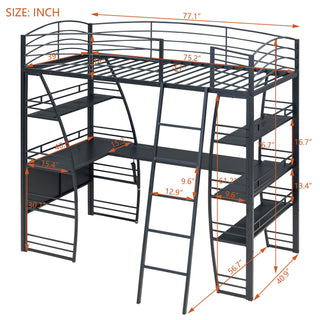 Loft Bed With 4 Layers Of Shelves And L-Shaped Desk, Stylish Metal Frame Bed With A Set Of Sockets, USB Ports And And Wireless Charging