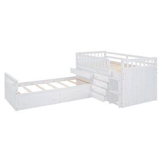 Loft Platform Bed With 7 Drawers And Full Guardrails, Modern L Shaped Space Savin