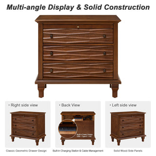 Nightstand With Charging Station, Bedside Table, 3 Drawers, USB And Type - C Ports