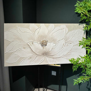 Lotus Flower Canvas Wall Art, Hand Painted Textured Floral Painting - Antique White