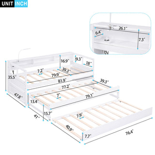 Daybed With 2 Trundles, 3 Storage Cubbies, Built In USB Charging Light
