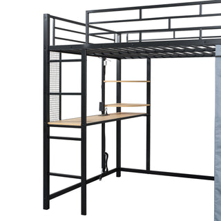 Loft Bed With Desk, Shelves, Power Outlet, LED Light And Wardrobe