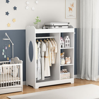 Dress Up Storage With Mirror And Hooks, Clothes Rack With Hanging Rod, 3 Side Hooks, Open Shelves, Top Shelf Organizer - White