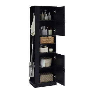 Tall Freestanding Bathroom Storage Cabinet With Adjustable Shelves And Side Hooks Board, Rectangle Design