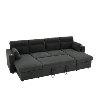 Convertible Sectional Sofa With Storage Chaise, Cup Holders And Pull Out Sleeper
