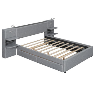 Upholstered Platform Bed With Reading Lights, Drawers, Trundle And Shelves