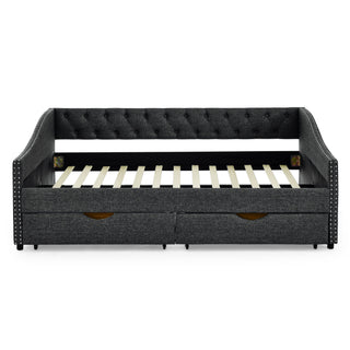 Upholstered Tufted Daybed With 2 Drawers, Waved Arms