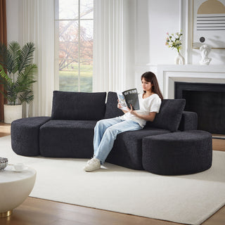 V - Shaped Modular Sofa Set & 3 Pillows And 2 Curved Ottomans For Living Rooms - Black