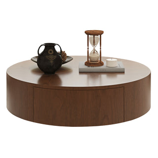 Drum Shaped Coffee Table With Hidden Storage Drawer, Low Profile For Living Room - Walnut