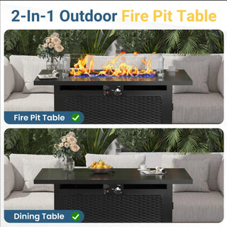 Outdoor 2 In 1 Propane Fire Pit Table With Lid & Glass Shield, Rectangular Fire Table, Lava Rock & Cover - Black
