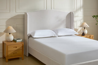 Hannah - Upholstered Wingback Bed Size / Tall Headboard Upholstered King Bed / Premium Textured Look / Minimalist Designs / No Box Spring Needed