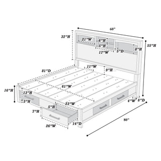 Transitional Bed With Smooth Gliding Drawers, Built In Lights, Open Headboard Shelves