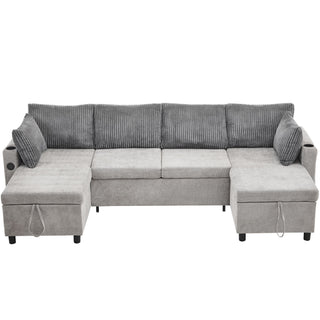 Sectional Sofa Bed With Pull Out Sleeper, USB Ports, Cup Holders