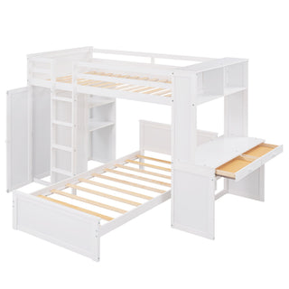 Loft Bed With A Stand Alone Bed, Shelves, Desk, And Wardrobe