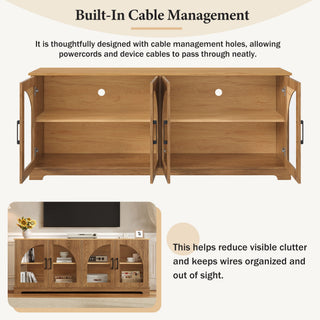 TV Stand With Semi Arched Glass Doors, Media Console With Adjustable Shelves For Living Room - Brown