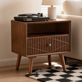 Nightstand With Carved Geometric Drawer Front, 1 Drawer And Open Shelf, Bedside Table For Bedroom - Walnut