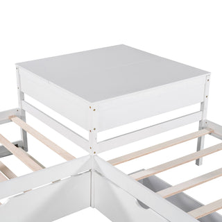 L Shaped Platform Bed With Trundle And Drawers Linked With Built In Desk