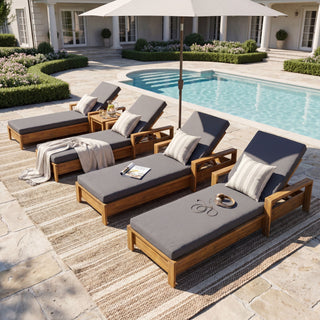 Chaise Lounge With Armrests, 2 Fold Cushion Set, 3 Position Adjustable Backrest, For Patio Pool - Dark Gray / Teak