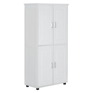 Tall And Wide Bathroom Floor Storage Cabinet With 4 Doors, Adjustable Shelves - White