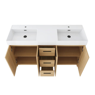 Double Sink Bathroom Vanity With 3 Drawers, Large Storage, Integrated Sink, Freestanding Cabinet, Soft Close Hardware - Glossy White / Light Oak