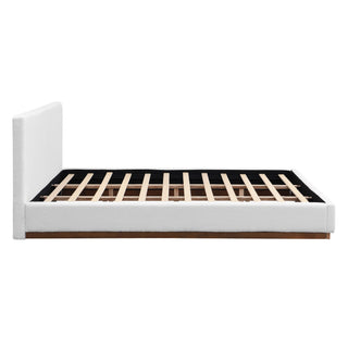 Elegant Boucle Upholstered Bed With Wood Grain Textured Solid Wood Base Frame