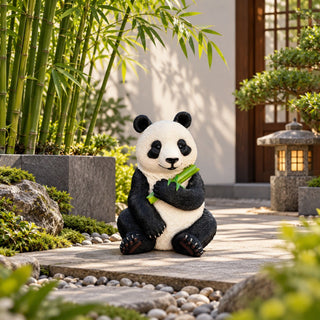 Panda Garden Statue, Sitting Animal Sculpture With Bamboo For Patio - Black White
