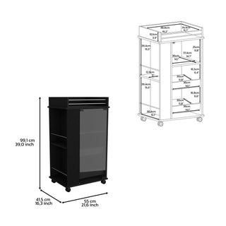 Bar Cart With Glass Door, 2 Side Shelves And Casters - Black
