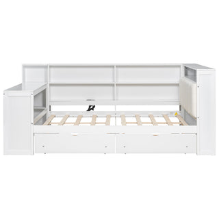 Platform Bed With Storage Shelves, Drawers, Charging Station, LED, Desk