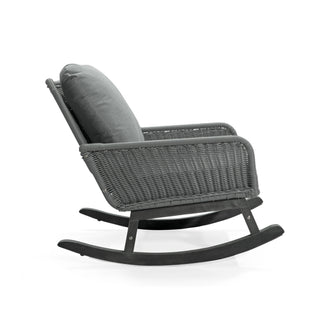 Modern 3 Piece Outdoor Seating Set With Cushioned Rattan Rocking Chairs And Wooden Accent Table