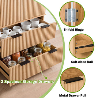 Fluted Kitchen Pantry Cabinet With 2 Large Drawers & 8 Door Spice Rack Freestanding Storage Organizer - Oak