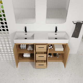 Double Sink Bathroom Vanity With 3 Drawers, Large Storage, Integrated Sink, Freestanding Cabinet, Soft Close Hardware - Glossy White / Light Oak