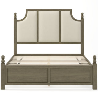 Farmhouse Platform Bed Frame With Tall Linen Upholstered Headboard