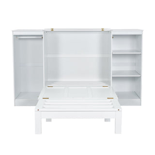 Twin Size Murphy Bed With Bedside Shelves And Wardrobe - White