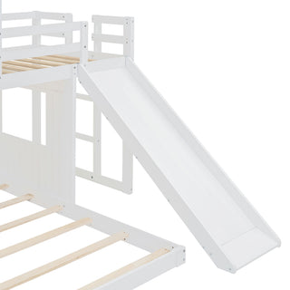 Loft Bunk Bed With Playhouse, Farmhouse, Ladder, Slide And Guardrails