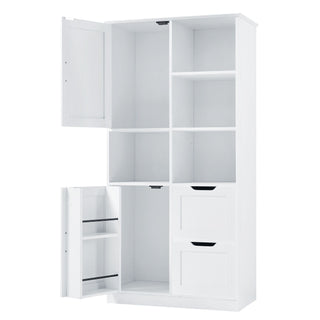 Freestanding Bathroom Storage Cabinet With Doors And Drawers, Adjustable Shelf, Open Shelves - White