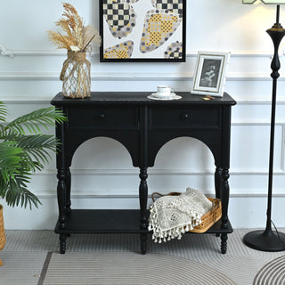 Accent Carved Console Table With Open Shelf And 2 Drawers For Living Room - Black